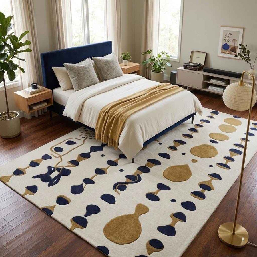 Navy, Gold and Ivory Abstract Wool Rug – Hand Tufted Sculpted Rug