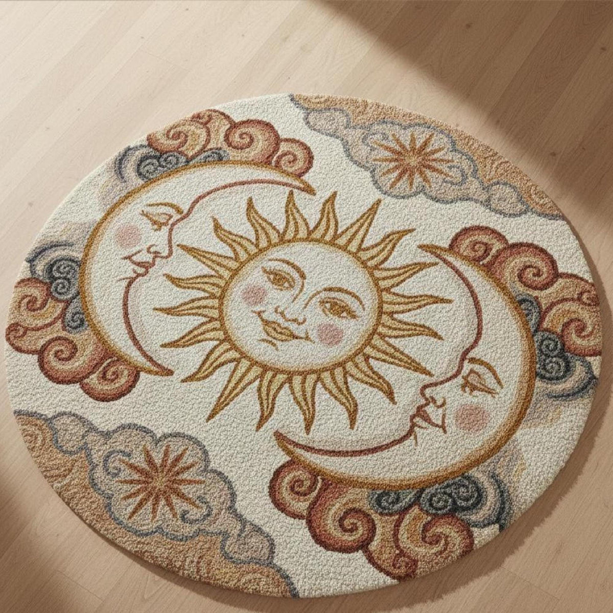 Celestial Sun and Moon Round Rug – Hand Tufted Boho Wool Rug – image 1