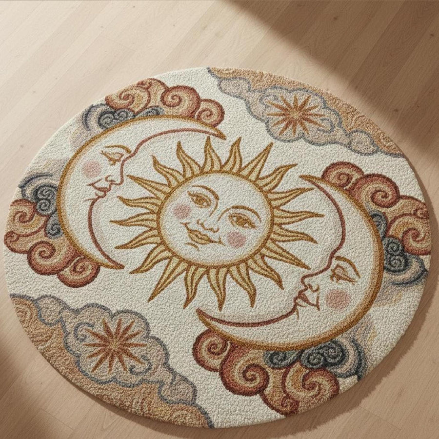 Celestial Sun and Moon Round Rug – Hand Tufted Boho Wool Rug – image 1
