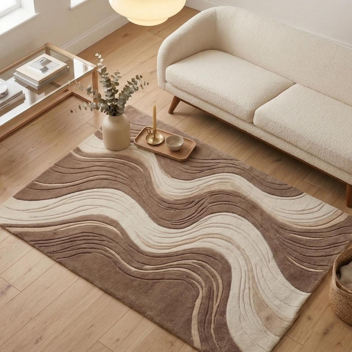 Cream and Taupe Wave Rug – Hand Tufted Boho Wool Area Rug – image 4