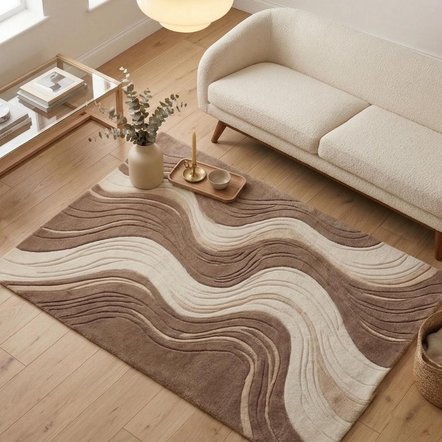 Cream and Taupe Wave Rug – Hand Tufted Boho Wool Area Rug – image 4
