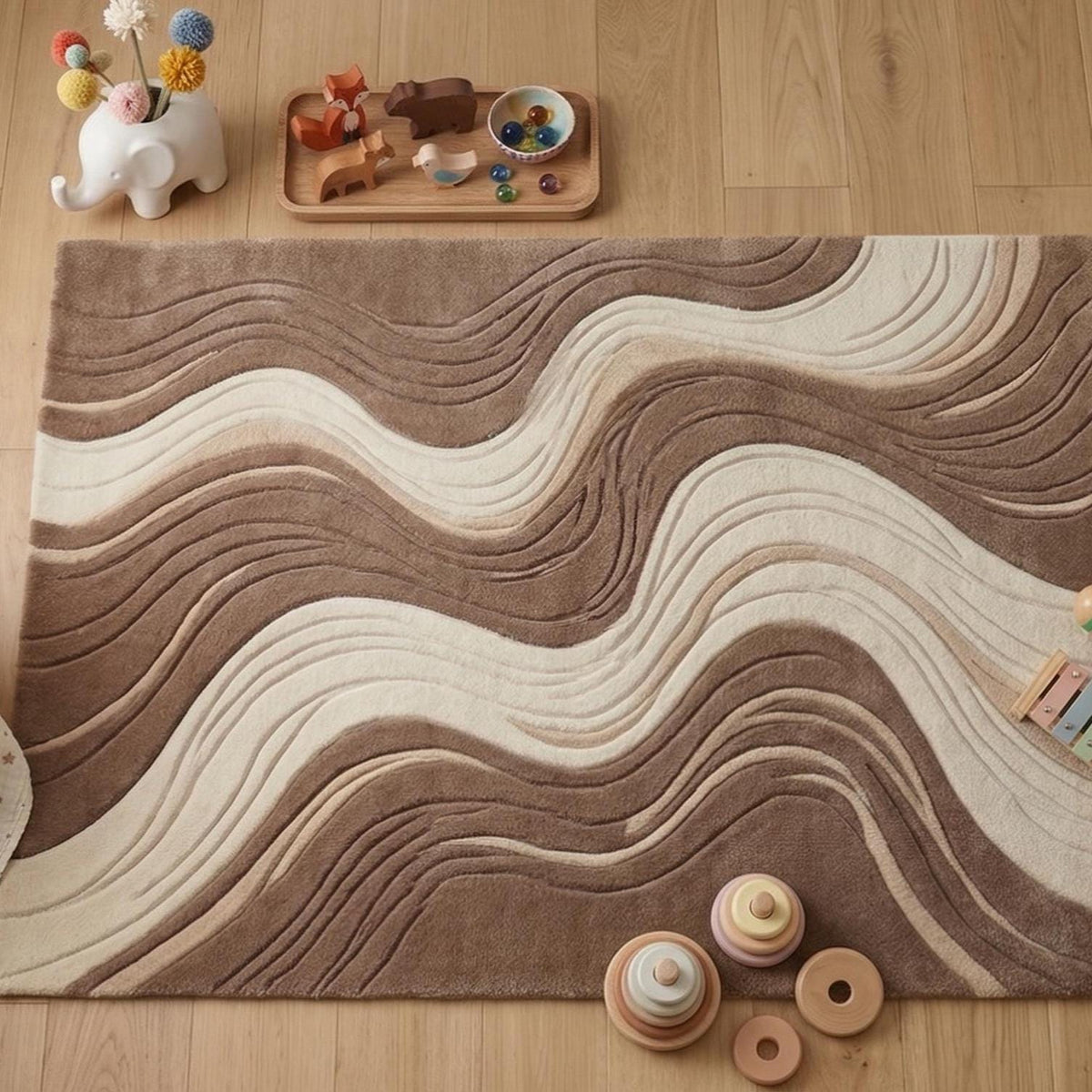 Cream and Taupe Wave Rug – Hand Tufted Boho Wool Area Rug – image 5