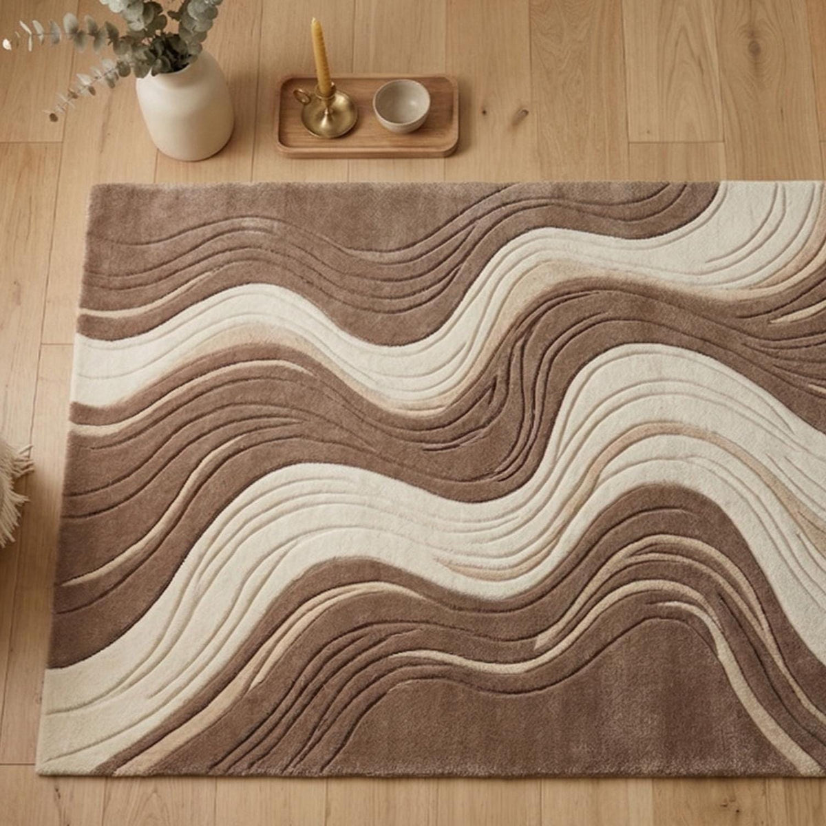 Cream and Taupe Wave Rug – Hand Tufted Boho Wool Area Rug – image 9