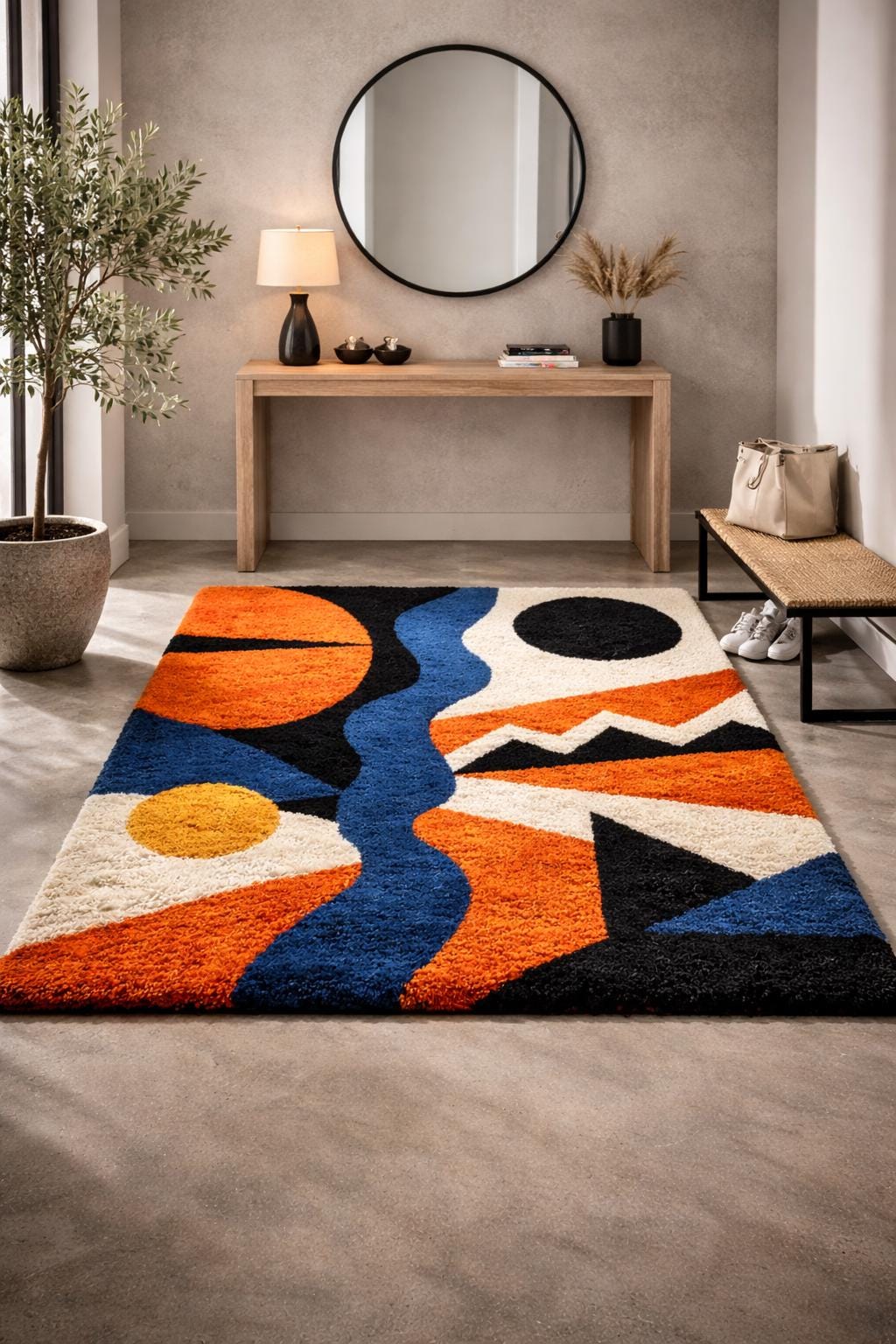Blue, Ivory and Black Abstract Wool Rug – Hand Tufted Funky Rug – image 7