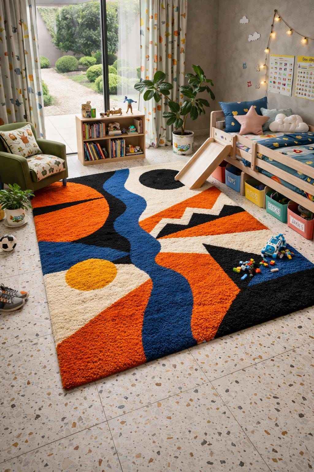 Blue, Ivory and Black Abstract Wool Rug – Hand Tufted Funky Rug – image 3