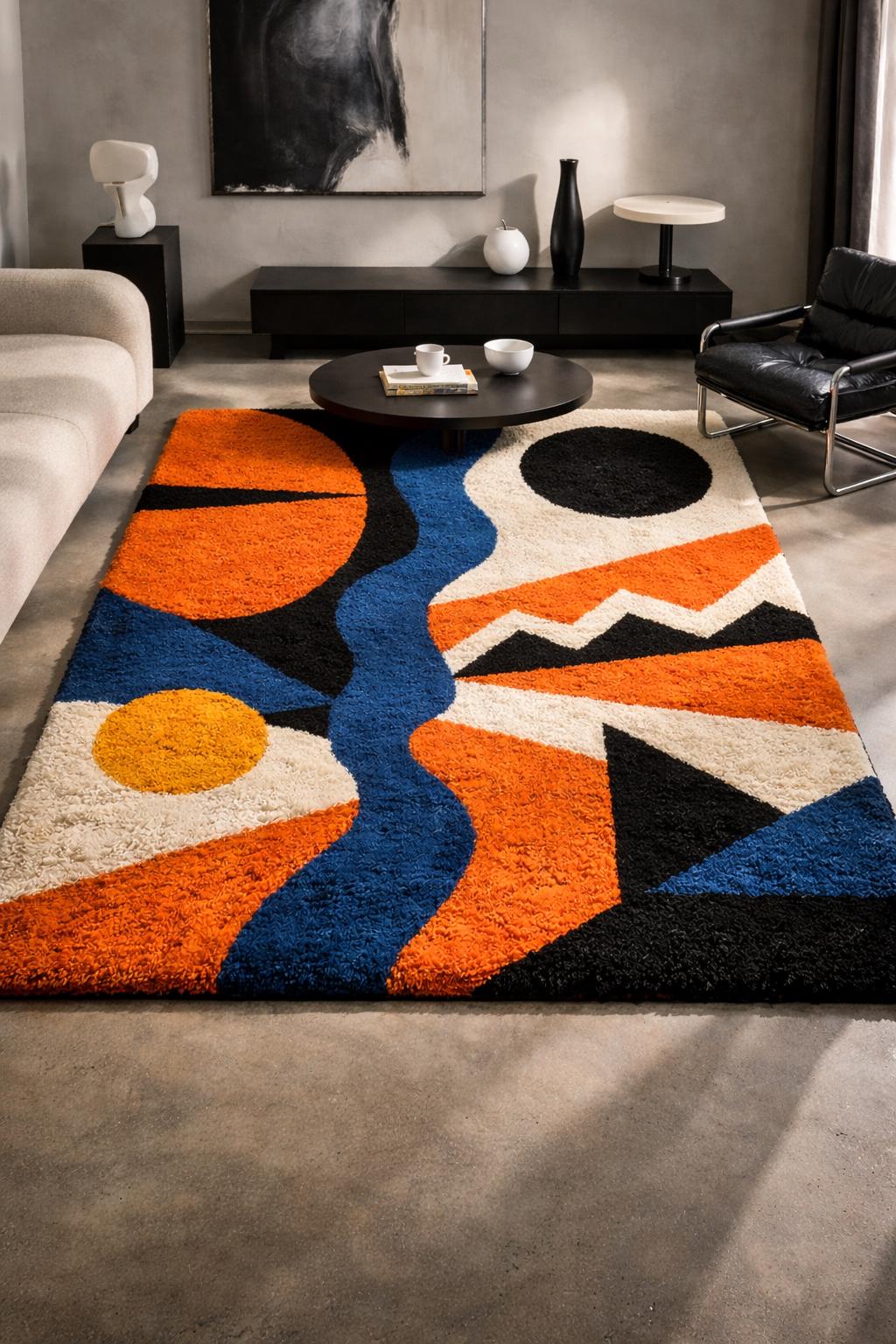 Blue, Ivory and Black Abstract Wool Rug – Hand Tufted Funky Rug – image 9