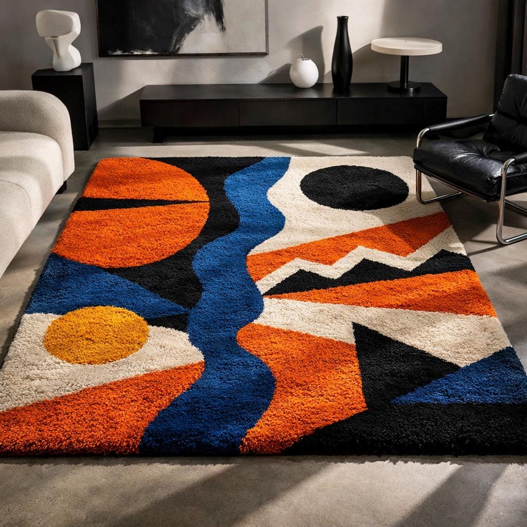 Blue, Ivory and Black Abstract Wool Rug – Hand Tufted Funky Rug – image 10