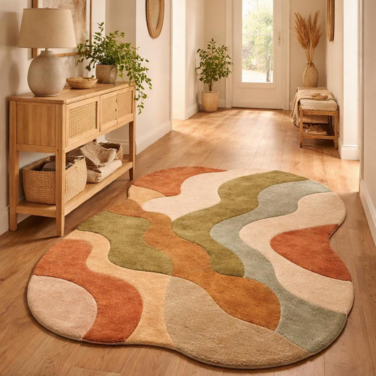 Earth Tone Retro Wave Rug – Hand Tufted Abstract Wool Rug – image 4