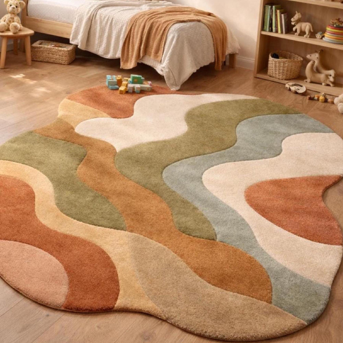 Earth Tone Retro Wave Rug – Hand Tufted Abstract Wool Rug – image 2