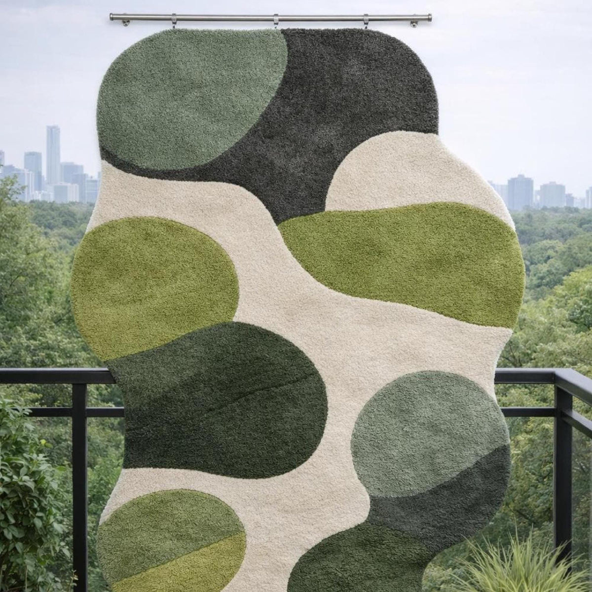 Green Boho Organic Shape Rug – Hand Tufted Freeform Wool Rug – image 3