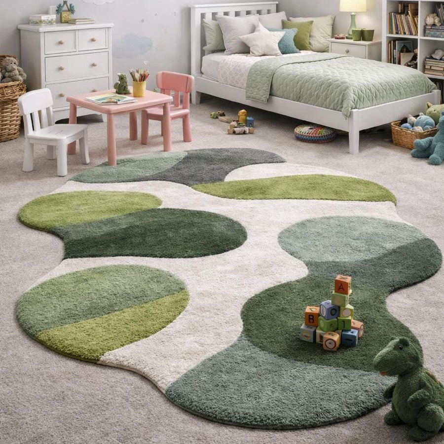 Green Boho Organic Shape Rug – Hand Tufted Freeform Wool Rug – image 5