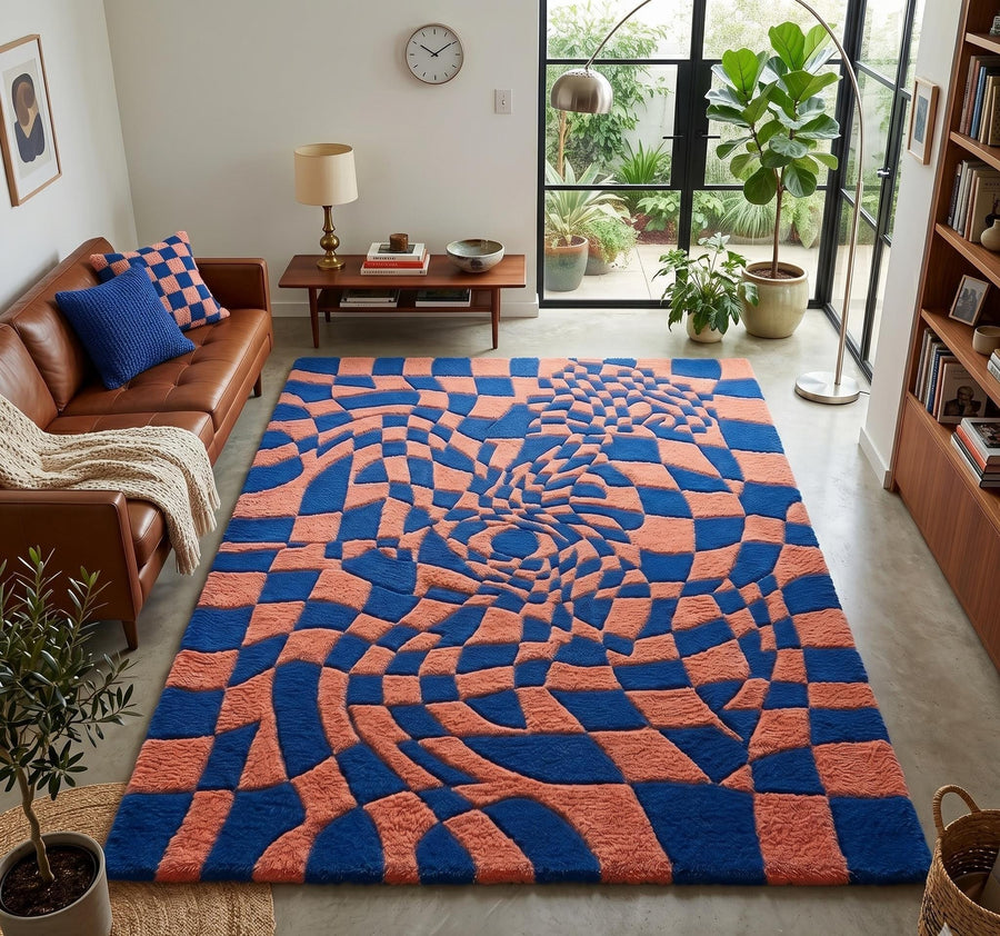 Blue and Pink Optical Illusion Rug – Hand Tufted Checkerboard Wool Rug – image 1