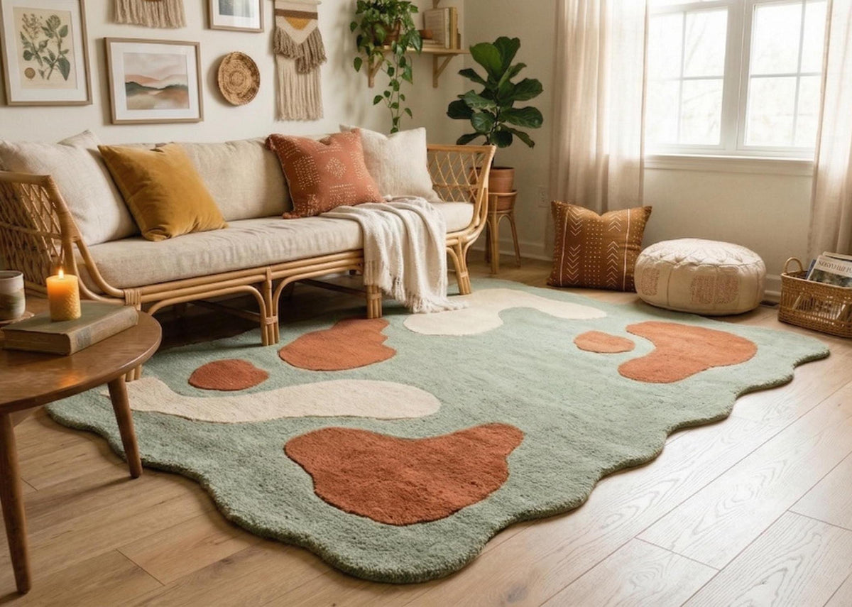 Sage Green Organic Shape Rug – Hand Tufted Abstract Wool Rug – image 10