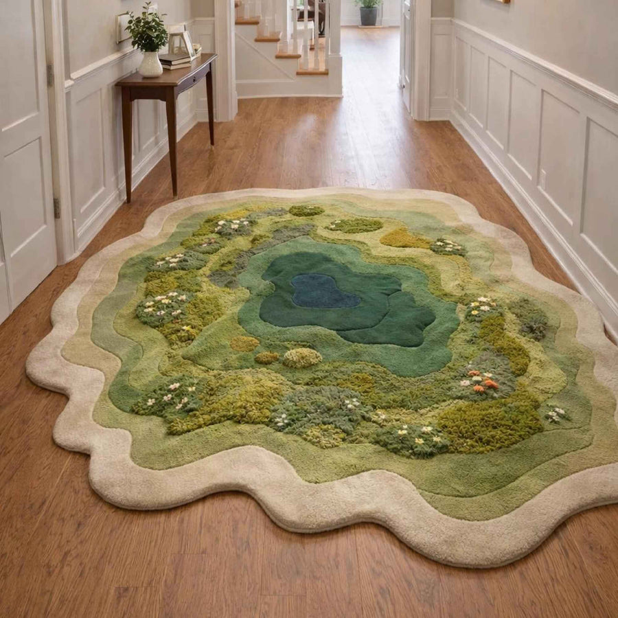 Moss Green Forest Pond Rug – Irregular Shaped Hand Tufted 3D Wool Rug