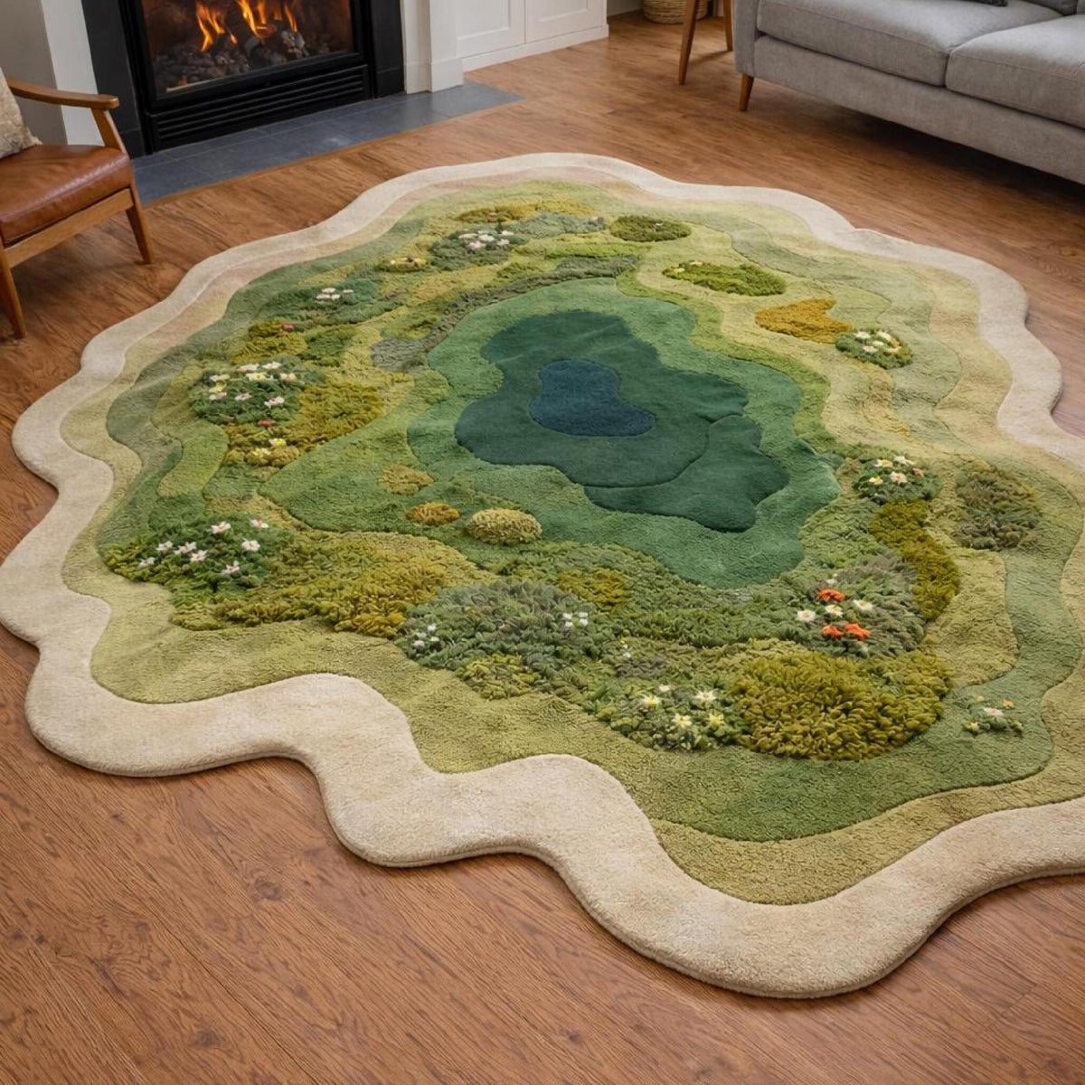 Moss Green Forest Pond Rug – Irregular Shaped Hand Tufted 3D Wool Rug – image 5