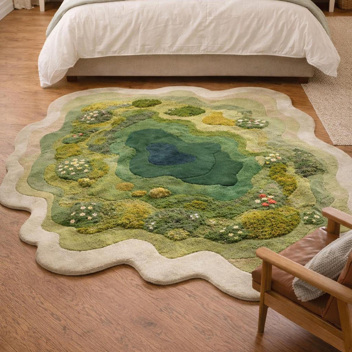 Moss Green Forest Pond Rug – Irregular Shaped Hand Tufted 3D Wool Rug – image 6