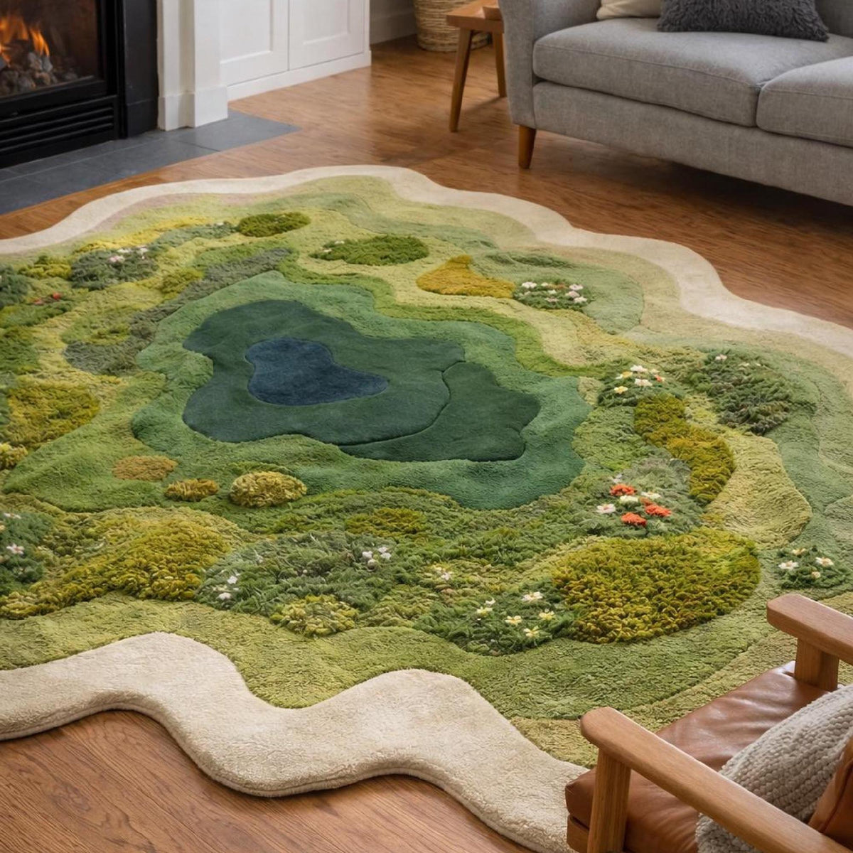 Moss Green Forest Pond Rug – Irregular Shaped Hand Tufted 3D Wool Rug – image 7