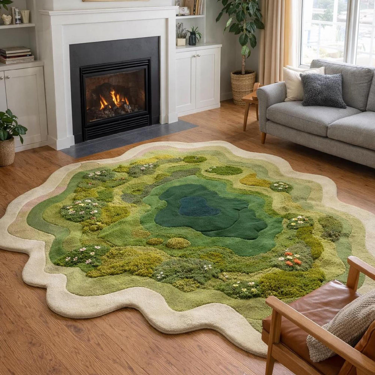 Moss Green Forest Pond Rug – Irregular Shaped Hand Tufted 3D Wool Rug – image 8