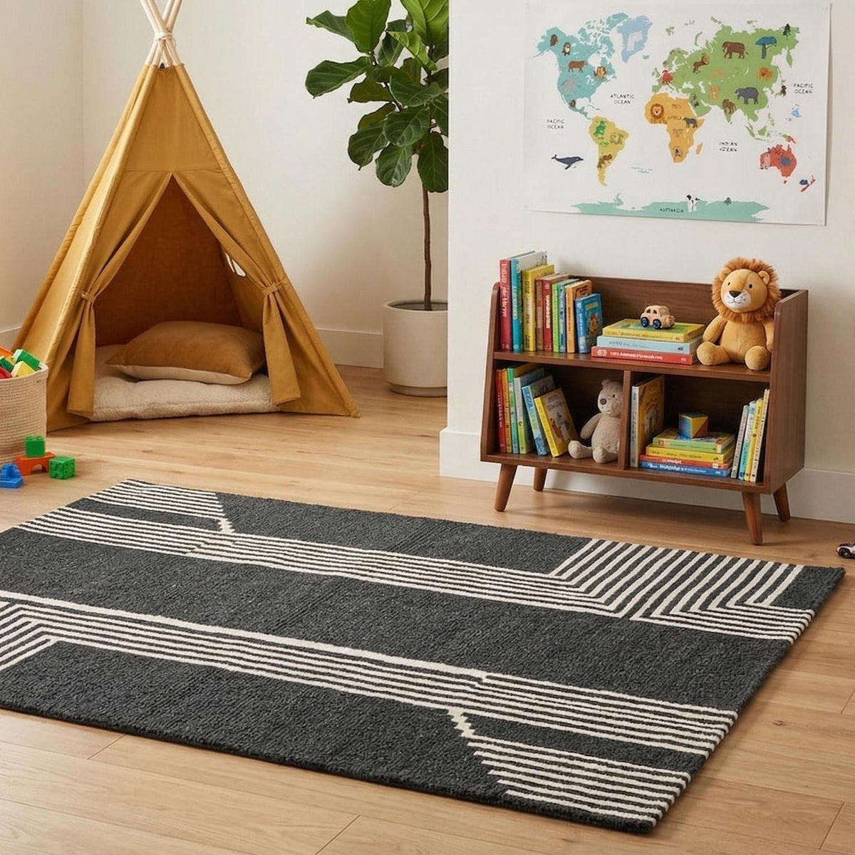 Black and White Geometric Wool Rug – Hand Tufted Monochrome Rug – image 3