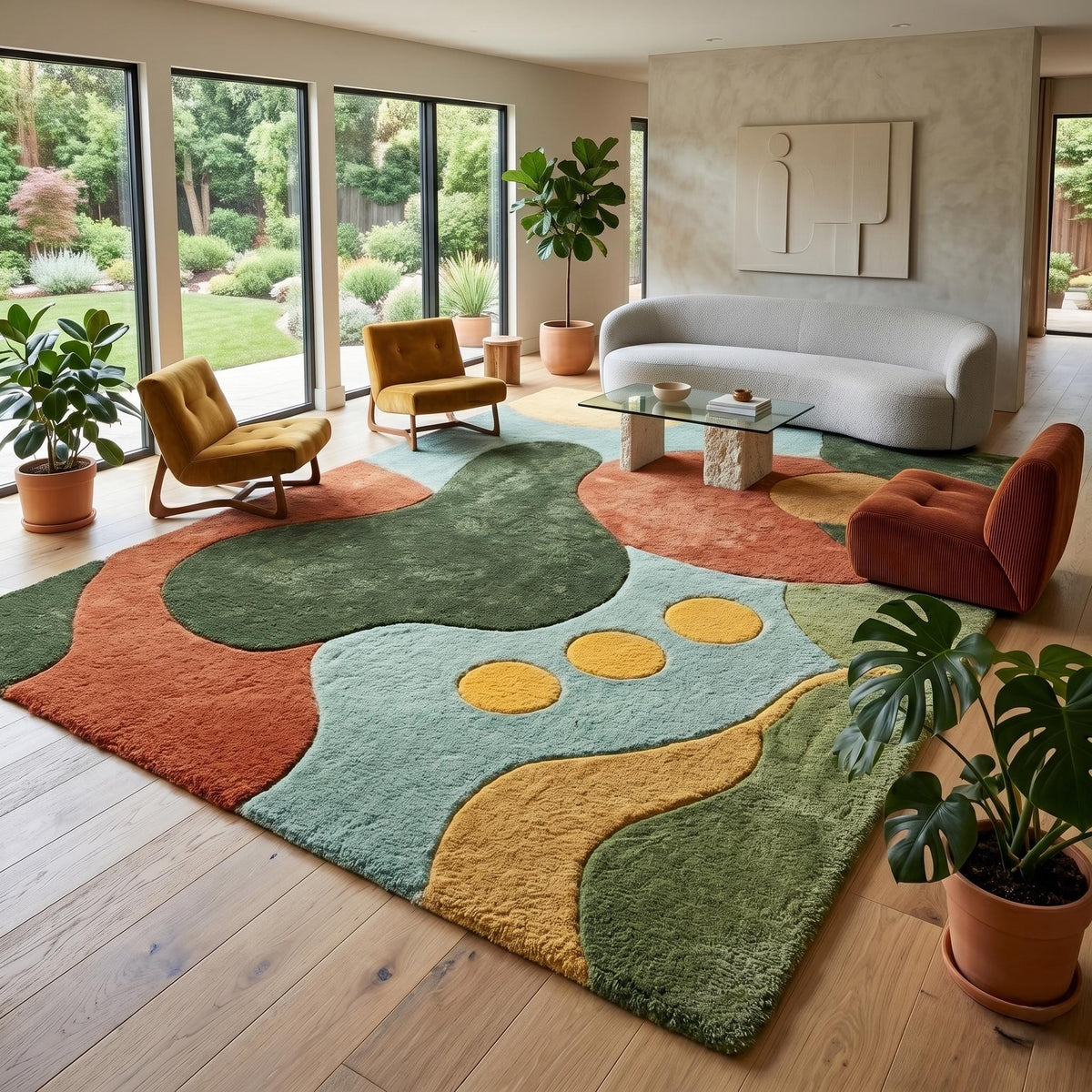 Terracotta, Mustard and Green Mid Century Rug – Hand Tufted Wool Rug – image 8