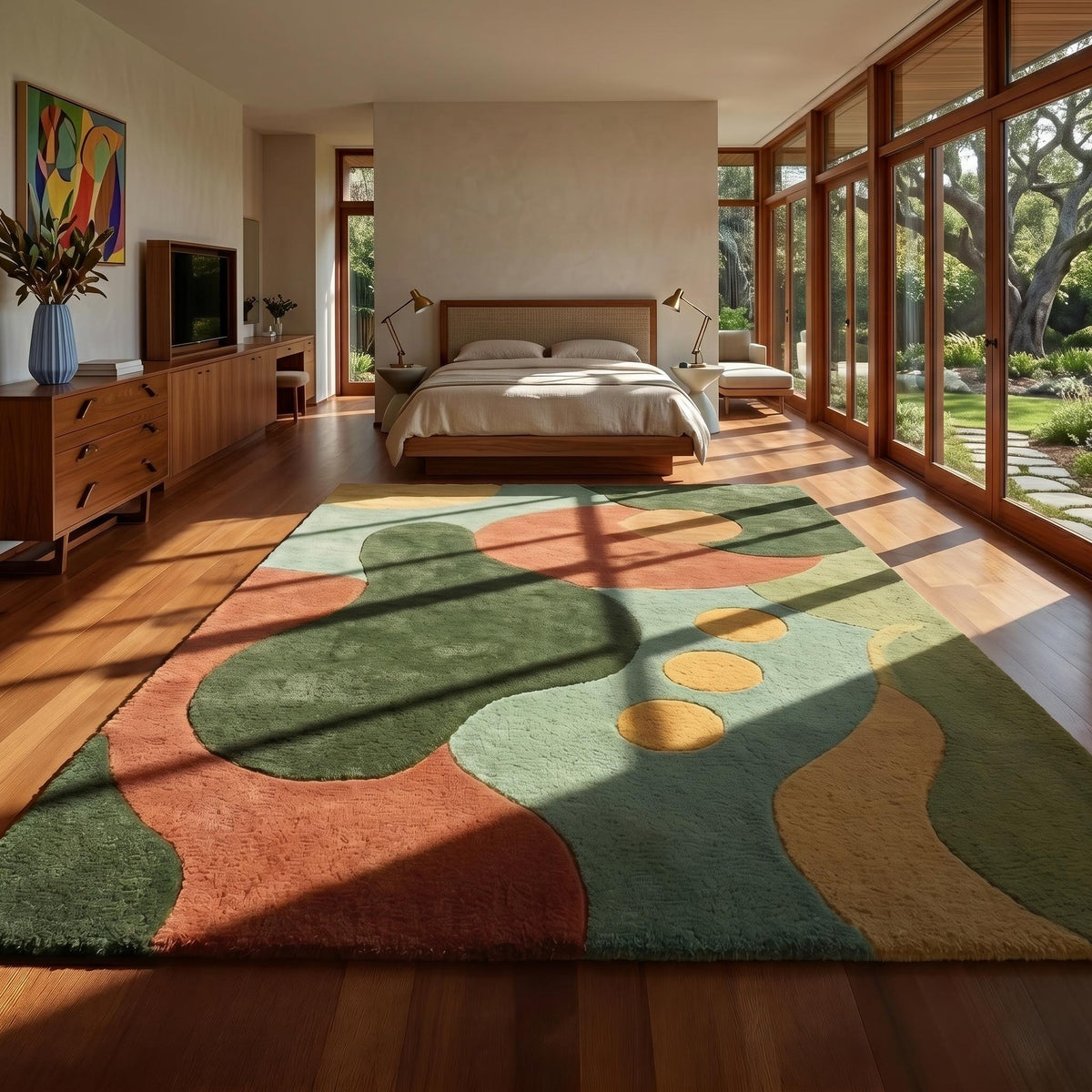 Terracotta, Mustard and Green Mid Century Rug – Hand Tufted Wool Rug – image 5