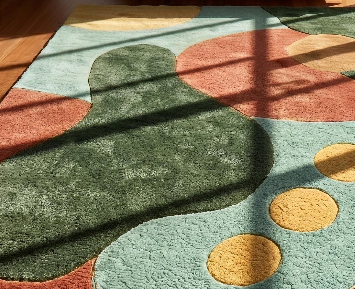 Terracotta, Mustard and Green Mid Century Rug – Hand Tufted Wool Rug – image 3