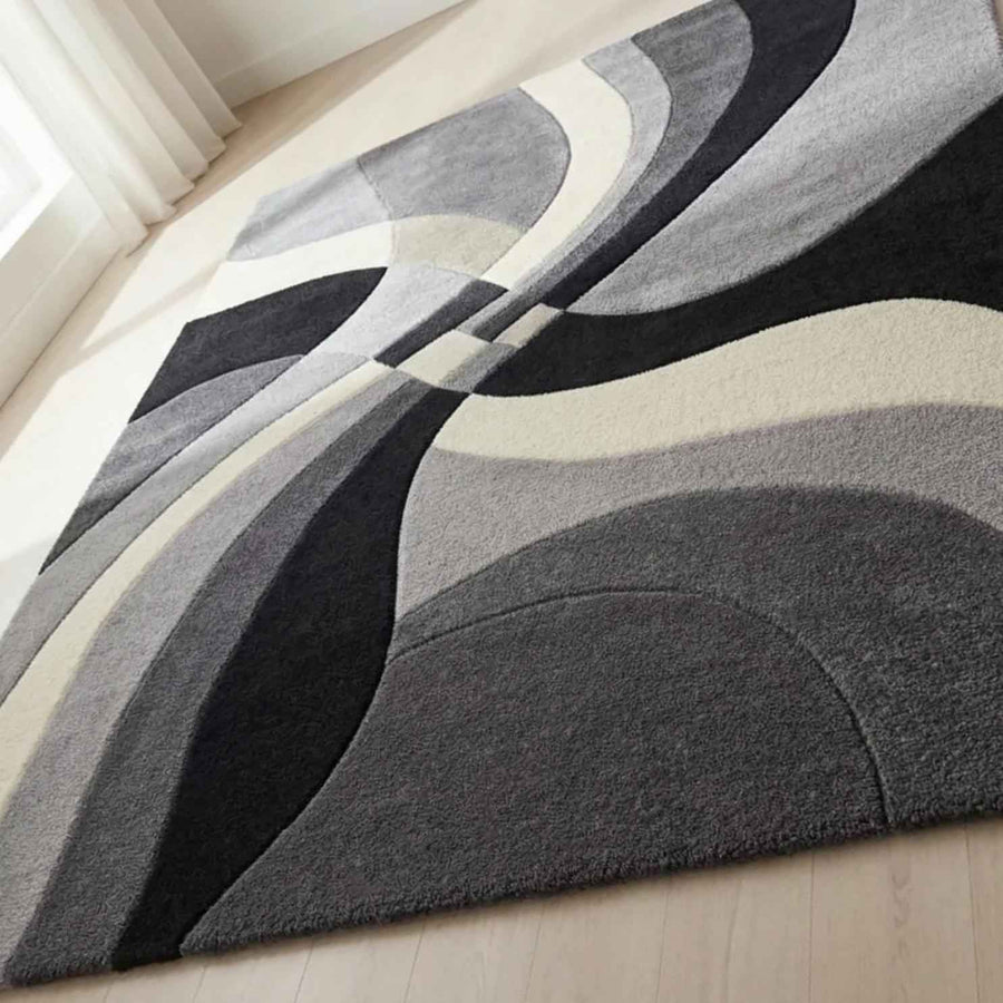 Ivory and Black Abstract Sculptural Rug – Hand Tufted Wool Rug