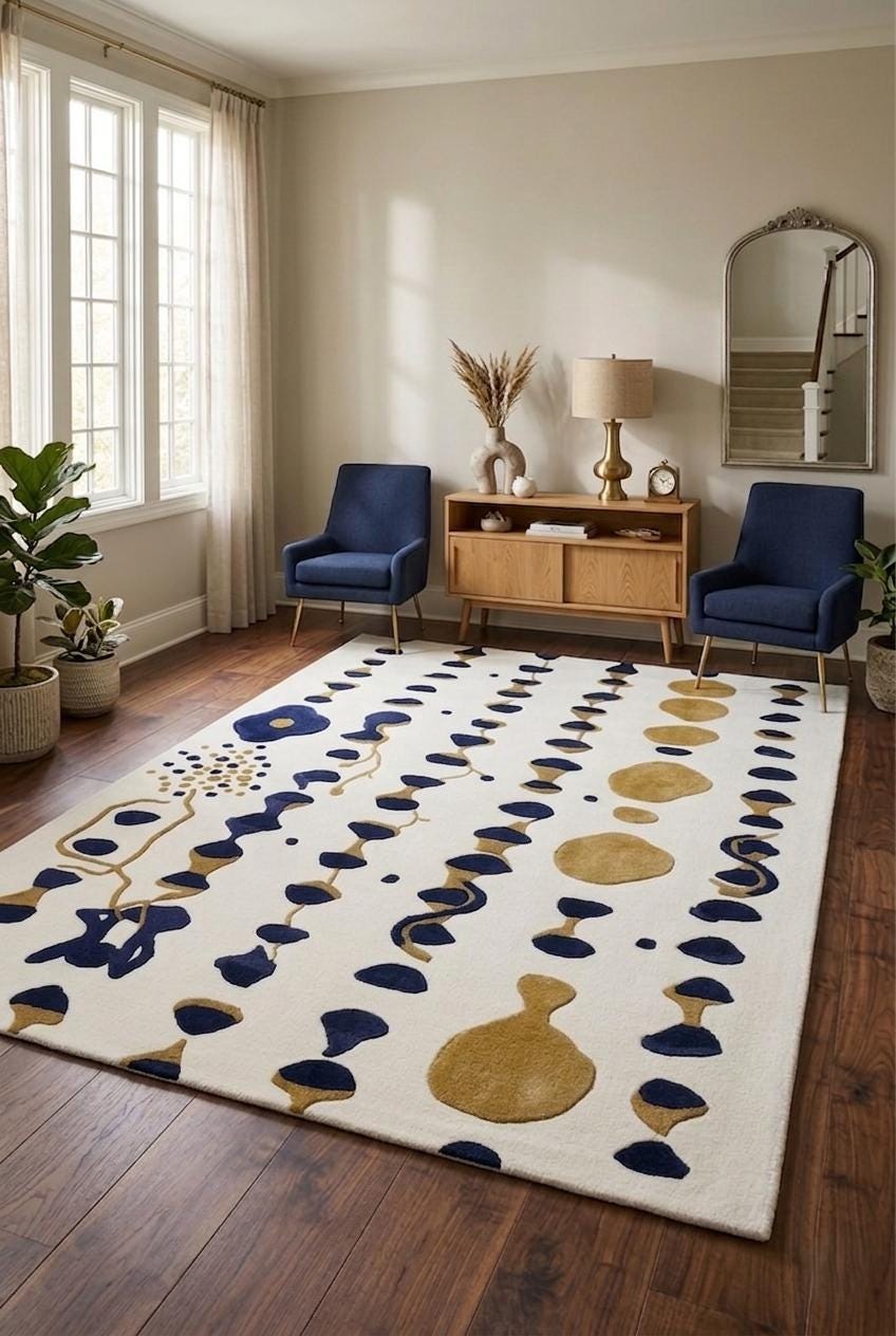 Navy, Gold and Ivory Abstract Wool Rug – Hand Tufted Sculpted Rug – image 7