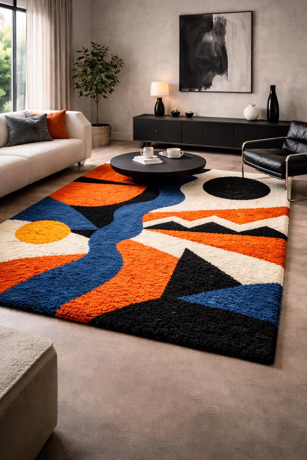 Blue, Ivory and Black Abstract Wool Rug – Hand Tufted Funky Rug – image 2