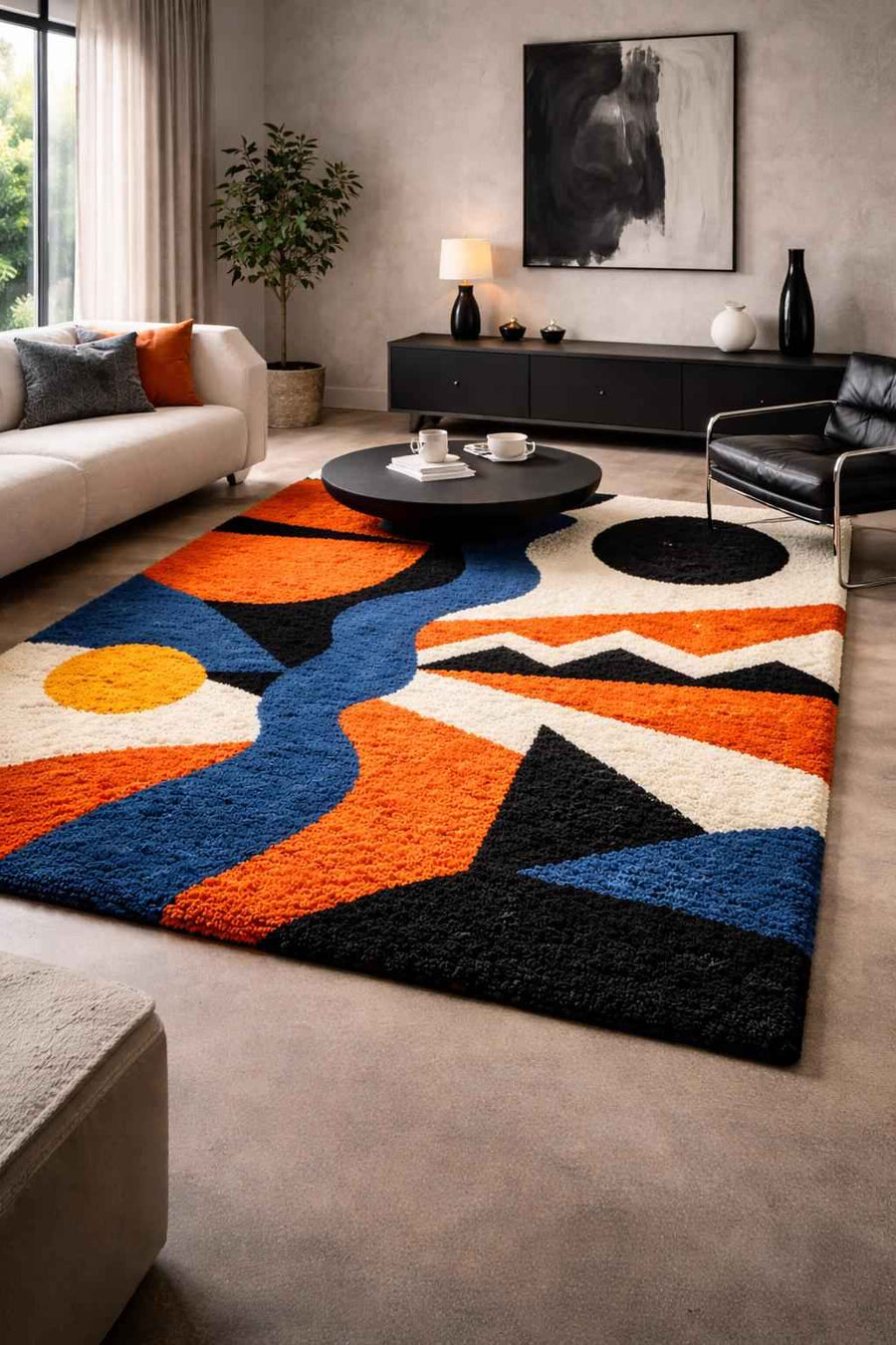 Blue, Ivory and Black Abstract Wool Rug – Hand Tufted Funky Rug