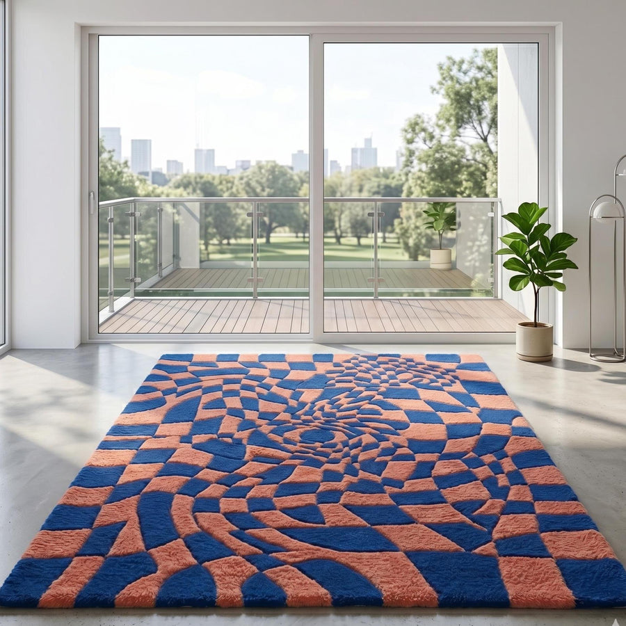 Blue and Pink Optical Illusion Rug – Hand Tufted Checkerboard Wool Rug – image 2