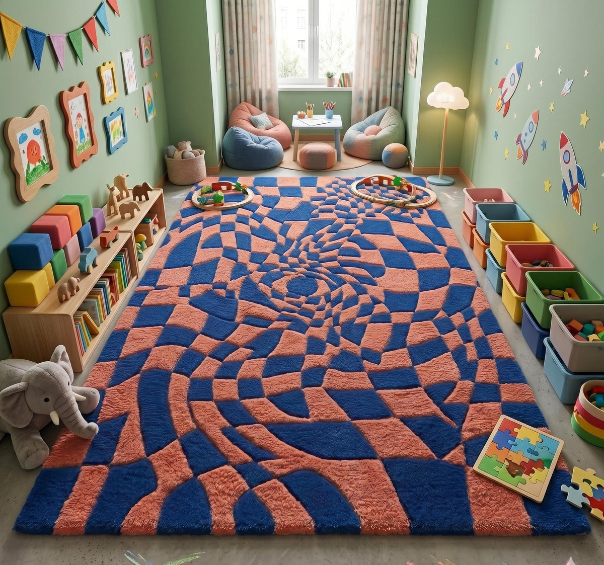 Blue and Pink Optical Illusion Rug – Hand Tufted Checkerboard Wool Rug – image 8
