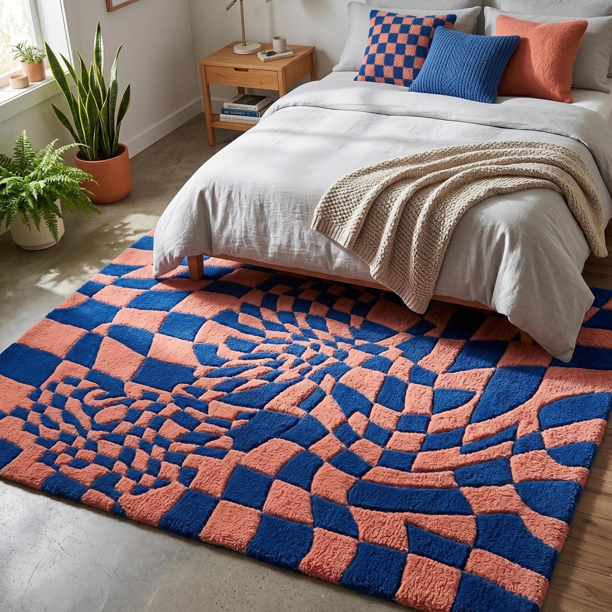 Blue and Pink Optical Illusion Rug – Hand Tufted Checkerboard Wool Rug – image 3