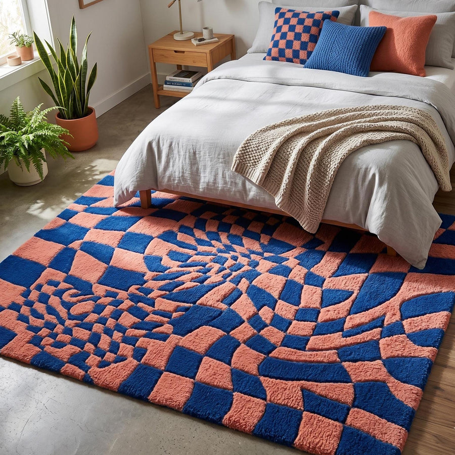 Blue and Pink Optical Illusion Rug – Hand Tufted Checkerboard Wool Rug – image 3