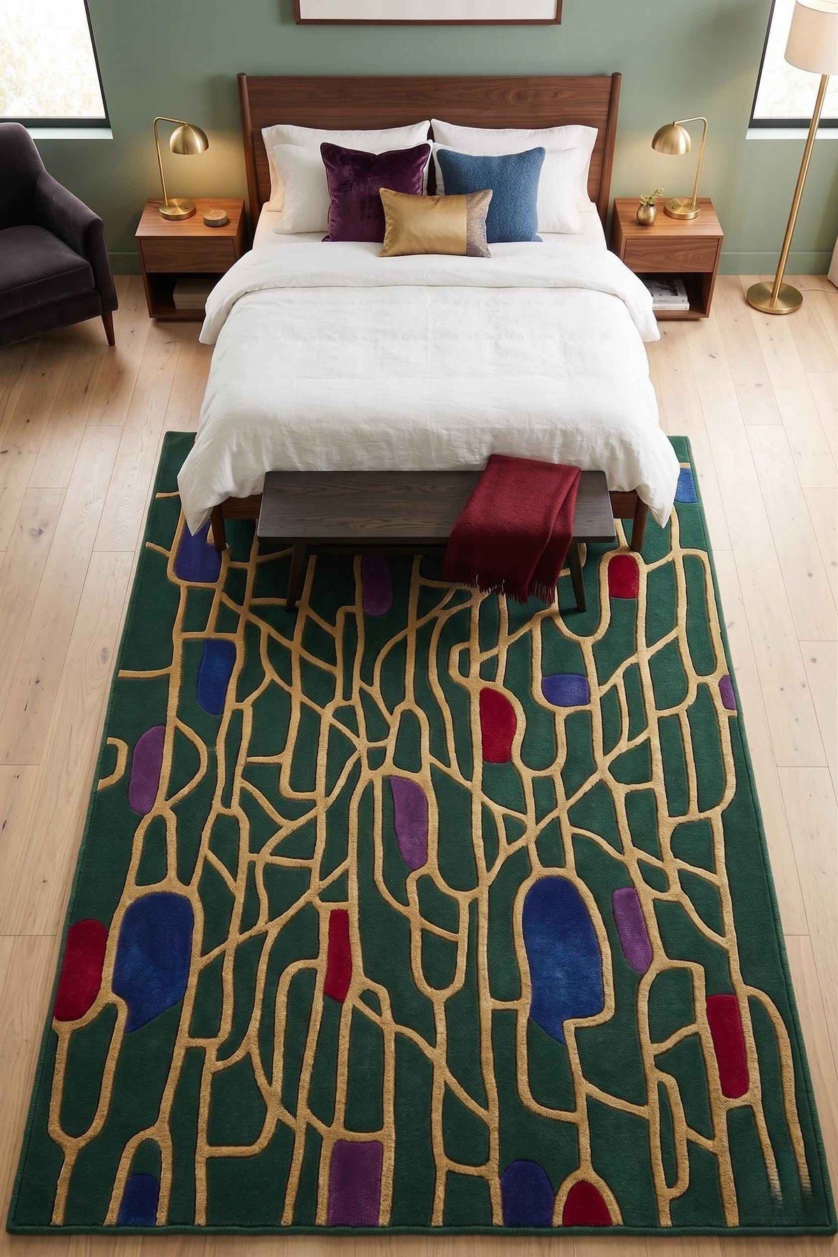 Emerald Green and Gold Geometric Rug – Hand Tufted Abstract Wool Rug