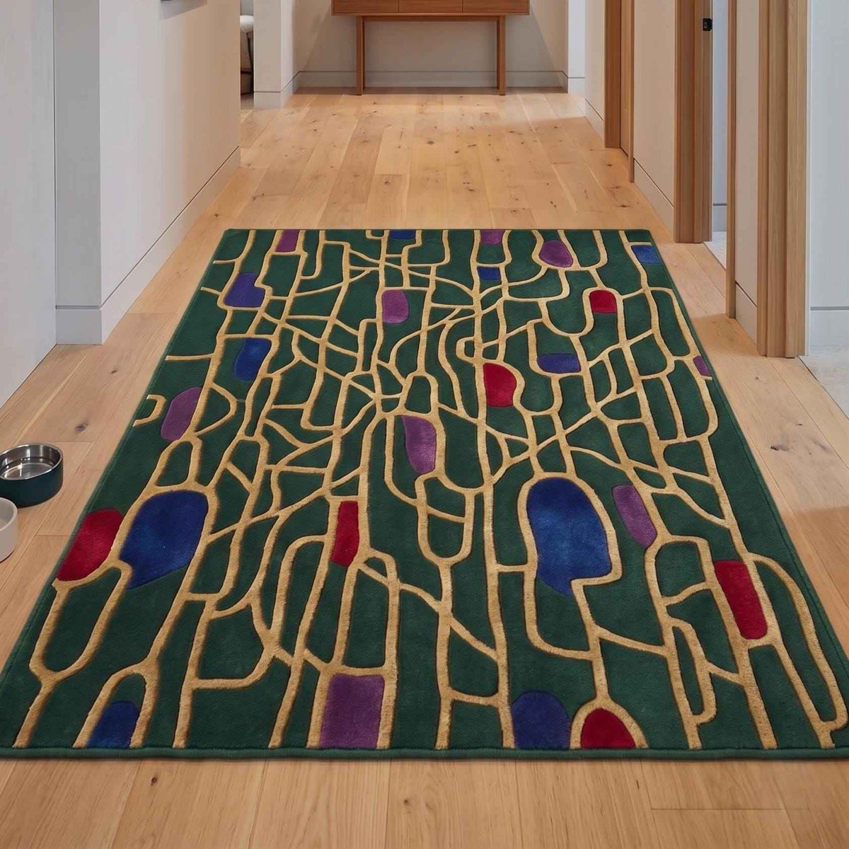 Emerald Green and Gold Geometric Rug – Hand Tufted Abstract Wool Rug