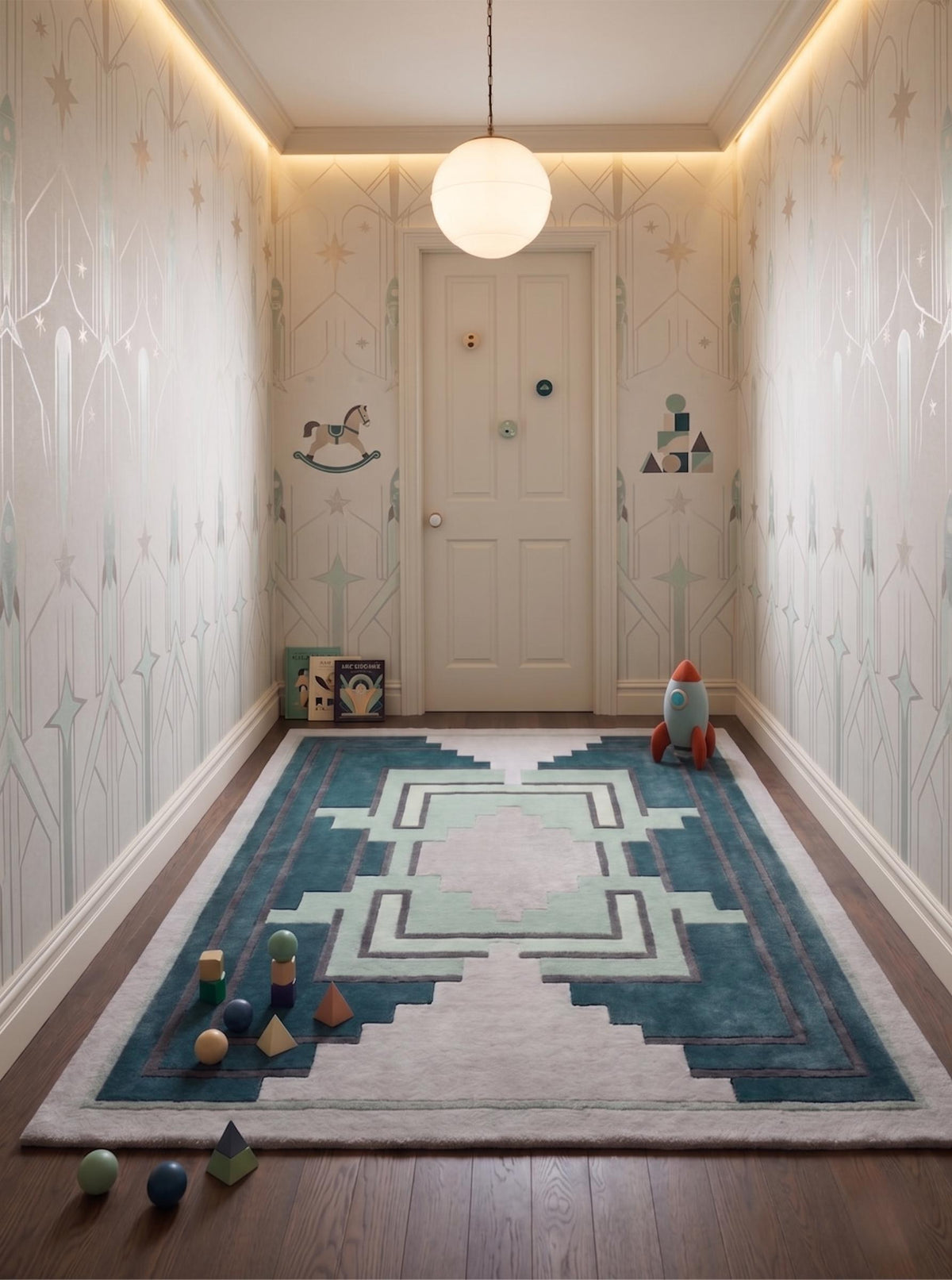 Teal Aztec Geometric Wool Runner – Hand Tufted Hallway Runner Rug – image 6