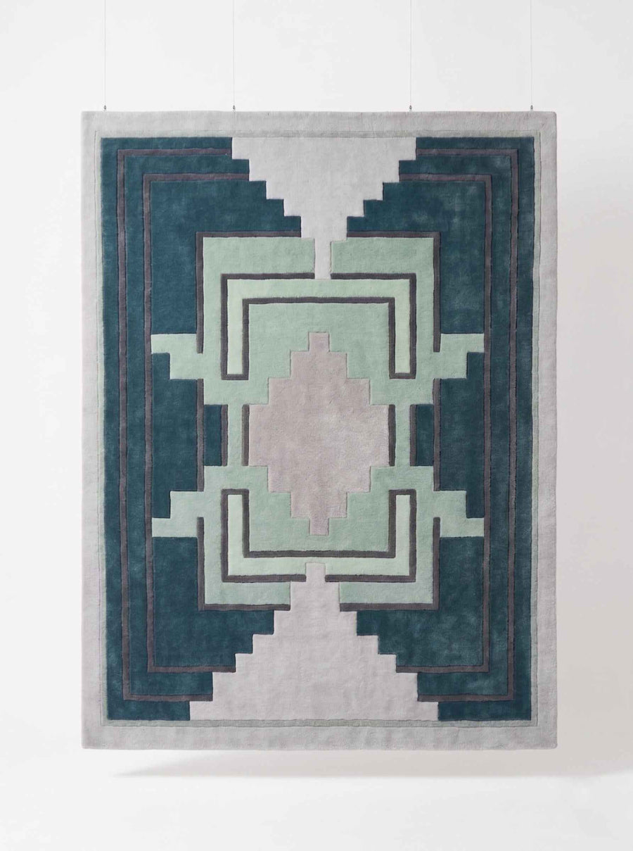 Teal Aztec Geometric Wool Runner – Hand Tufted Hallway Runner Rug