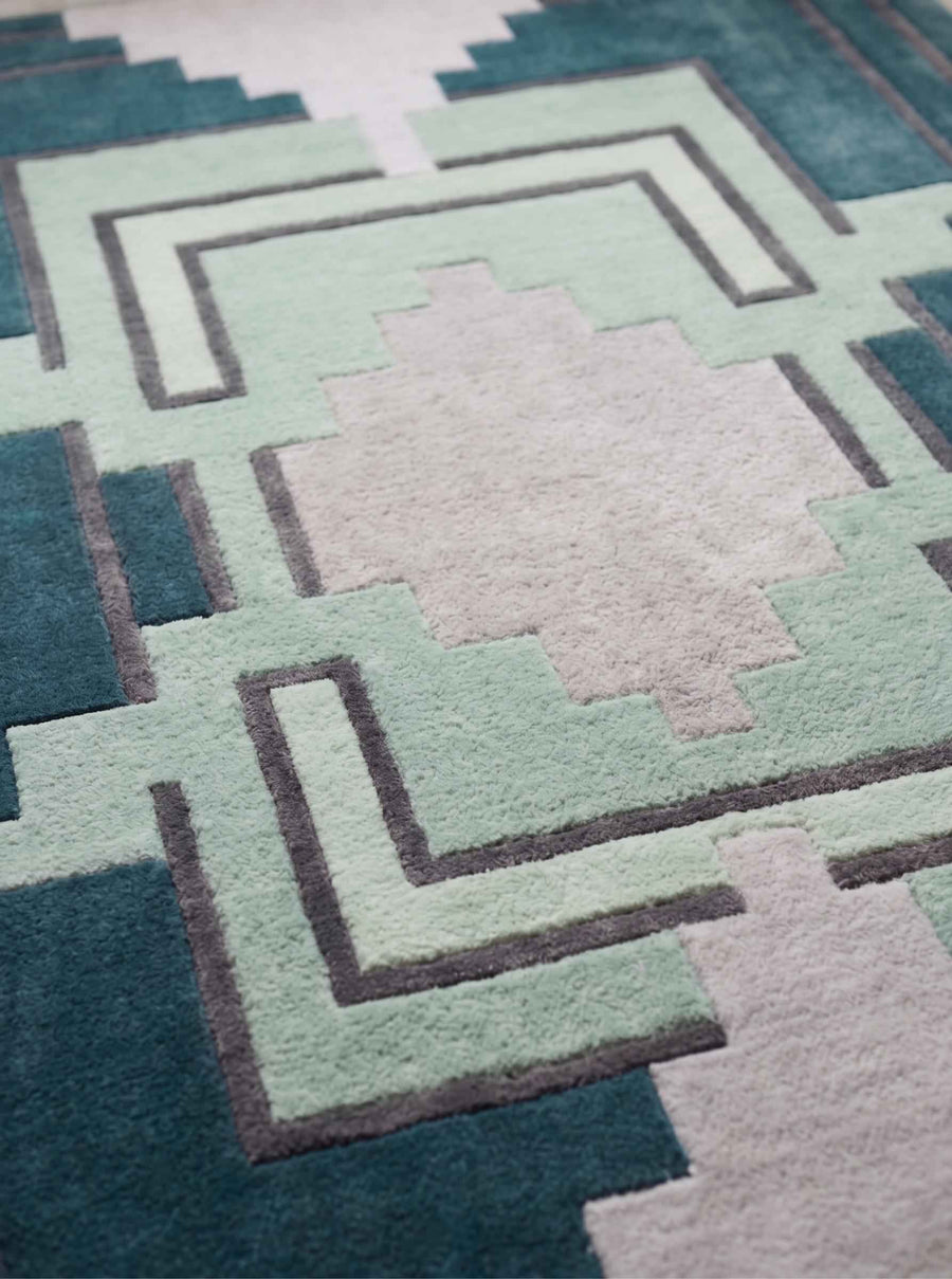 Teal Aztec Geometric Wool Runner – Hand Tufted Hallway Runner Rug