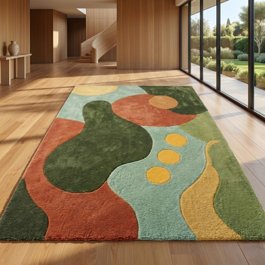 Terracotta, Mustard and Green Mid Century Rug – Hand Tufted Wool Rug – image 2