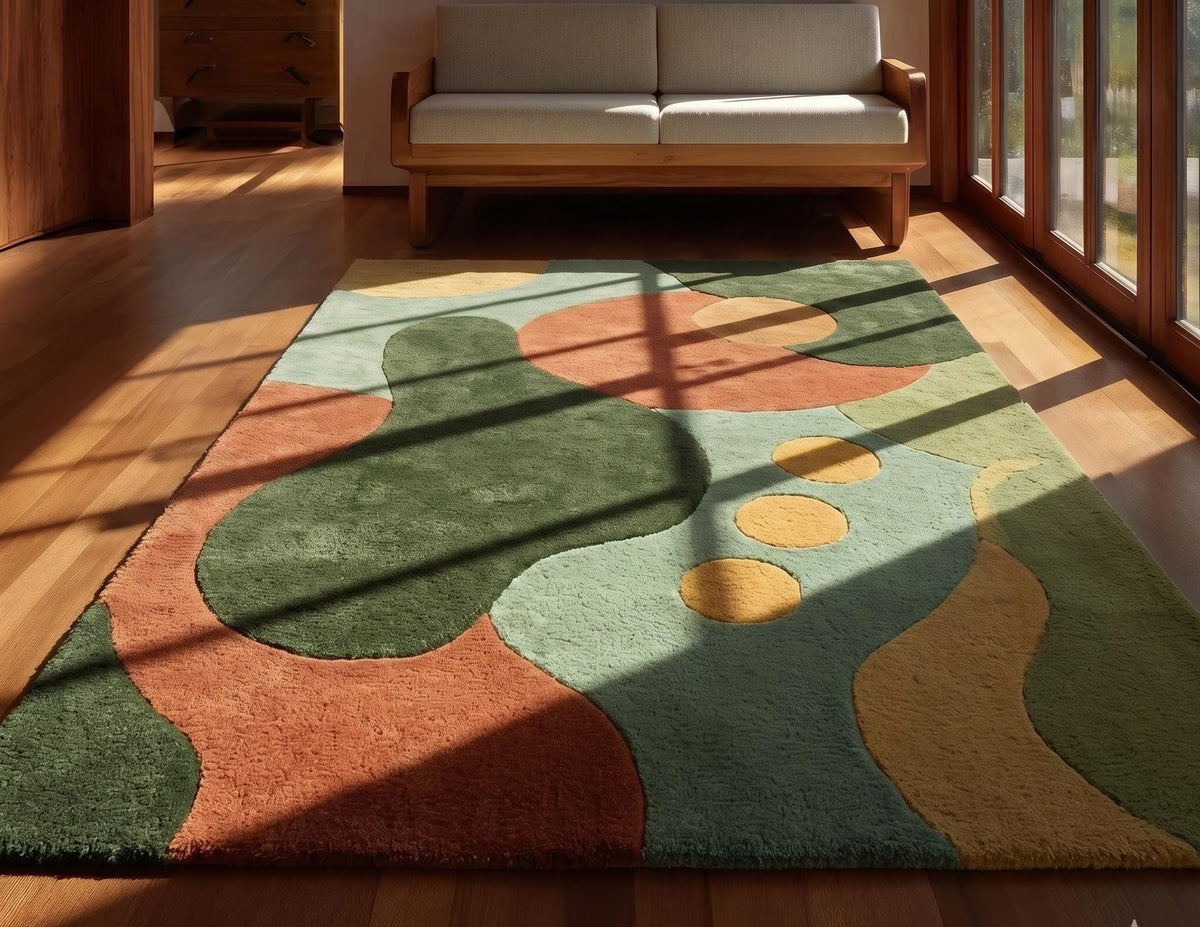 Terracotta, Mustard and Green Mid Century Rug – Hand Tufted Wool Rug – image 9
