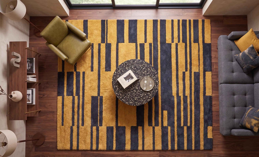 Mustard and Black Geometric Wool Rug – Hand Tufted Modern Rug