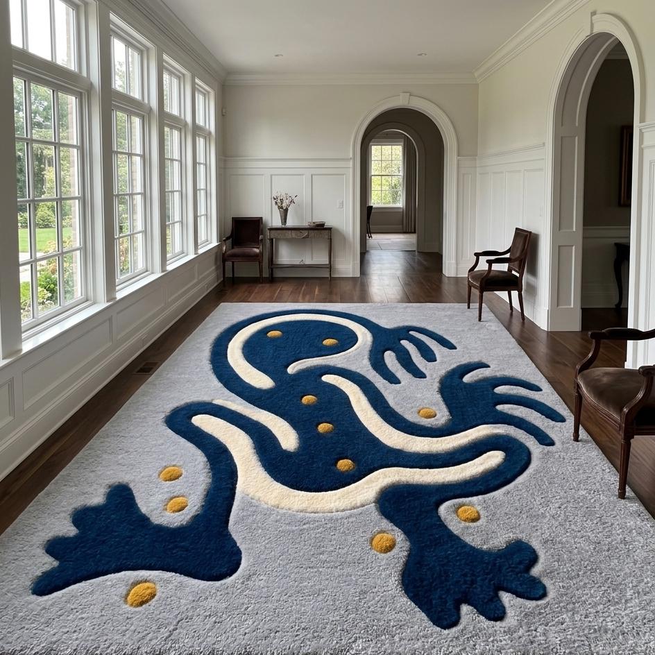 Blue Abstract Frog Wool Rug – Hand Tufted Sculpted Statement Rug – image 4