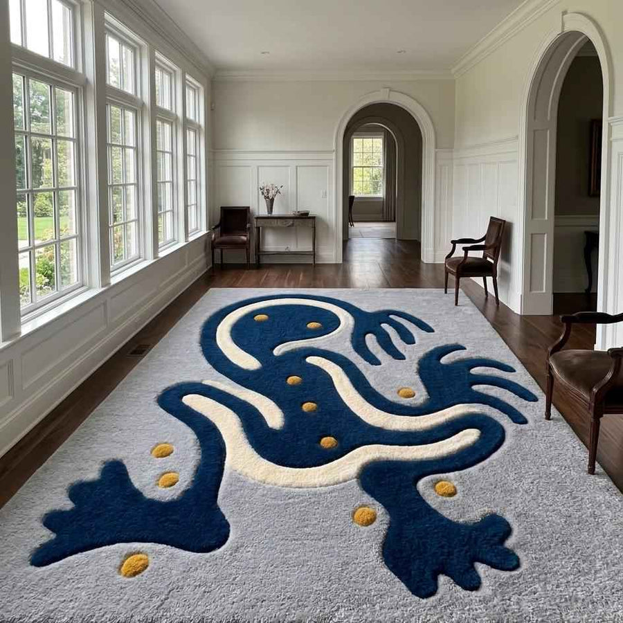 Blue Abstract Frog Wool Rug – Hand Tufted Sculpted Statement Rug