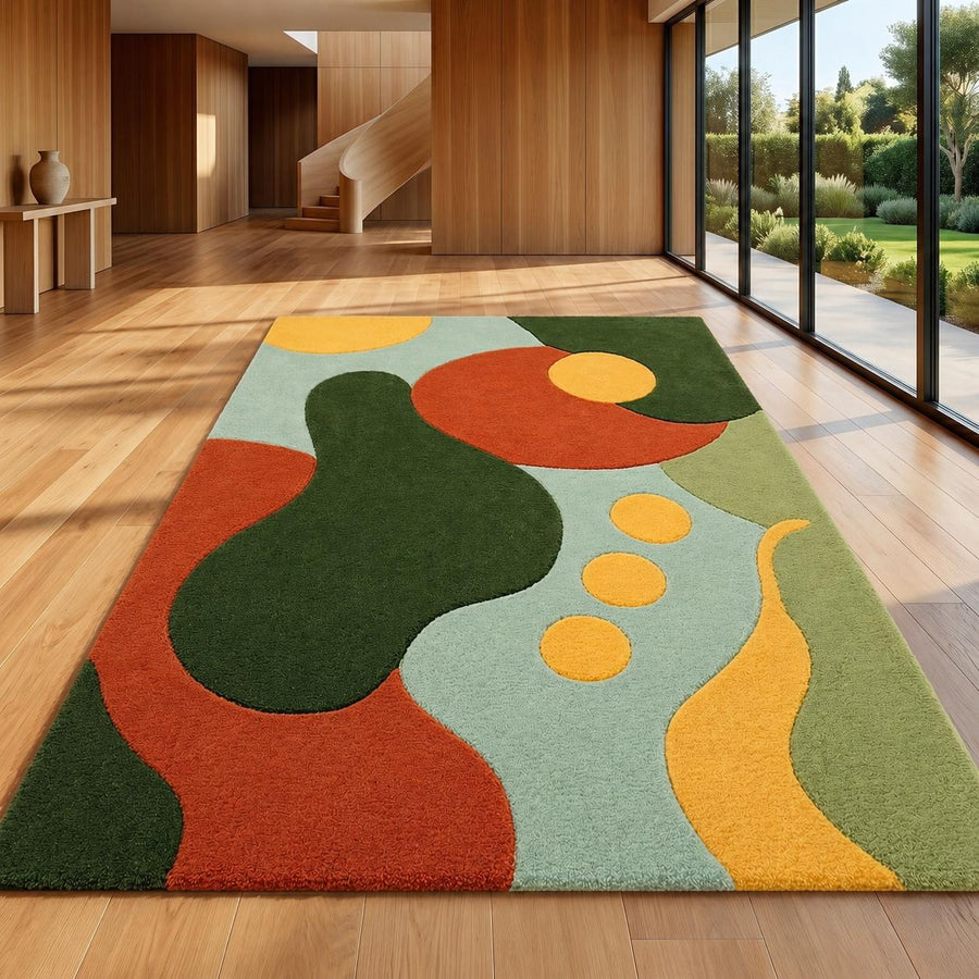 Terracotta, Mustard and Green Mid Century Rug – Hand Tufted Wool Rug – image 1