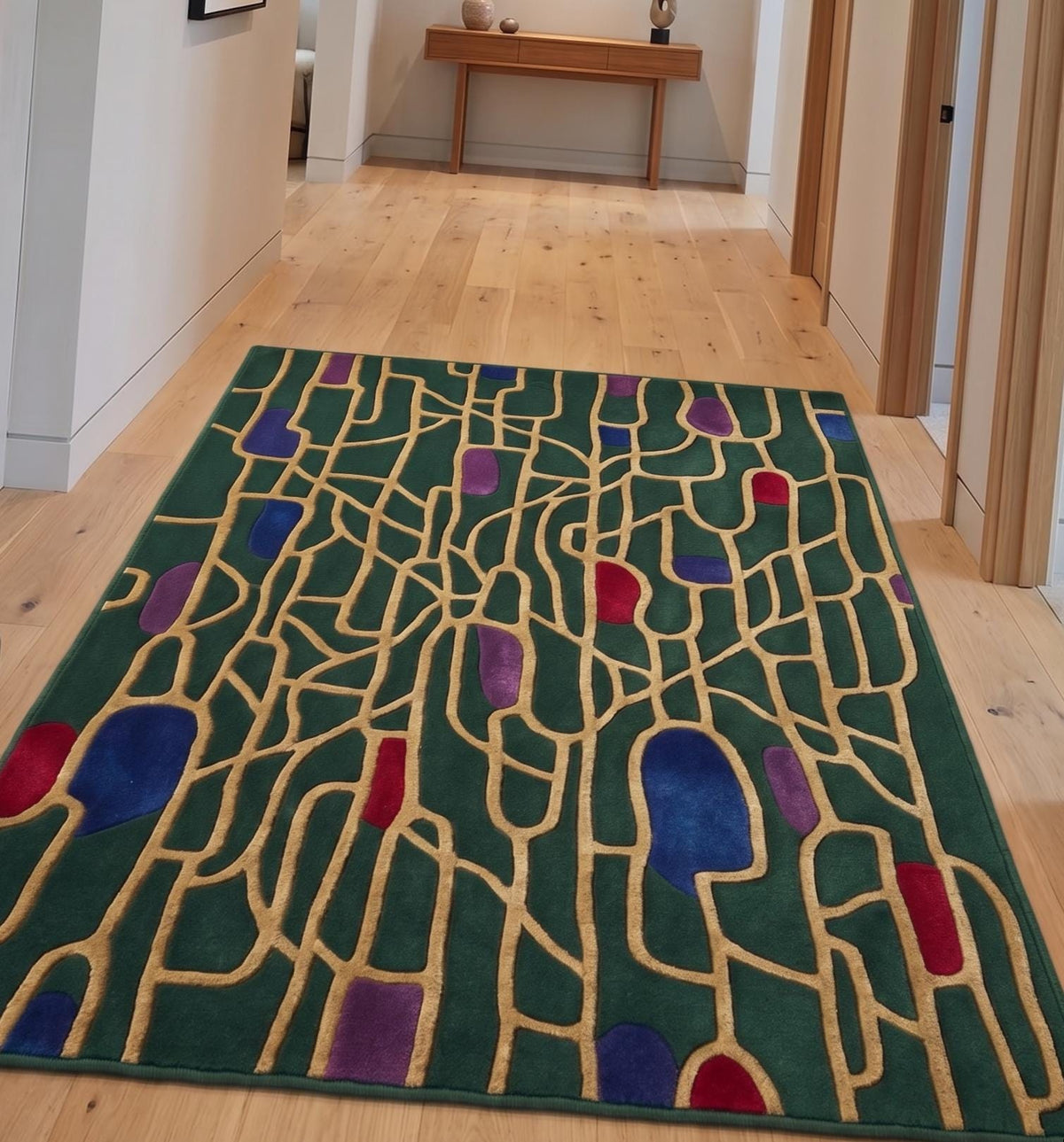 Emerald Green and Gold Geometric Rug – Hand Tufted Abstract Wool Rug – image 5