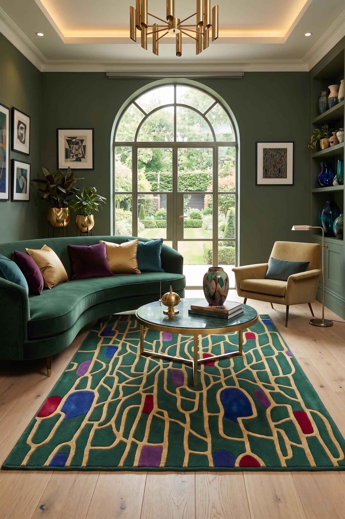Emerald Green and Gold Geometric Rug – Hand Tufted Abstract Wool Rug