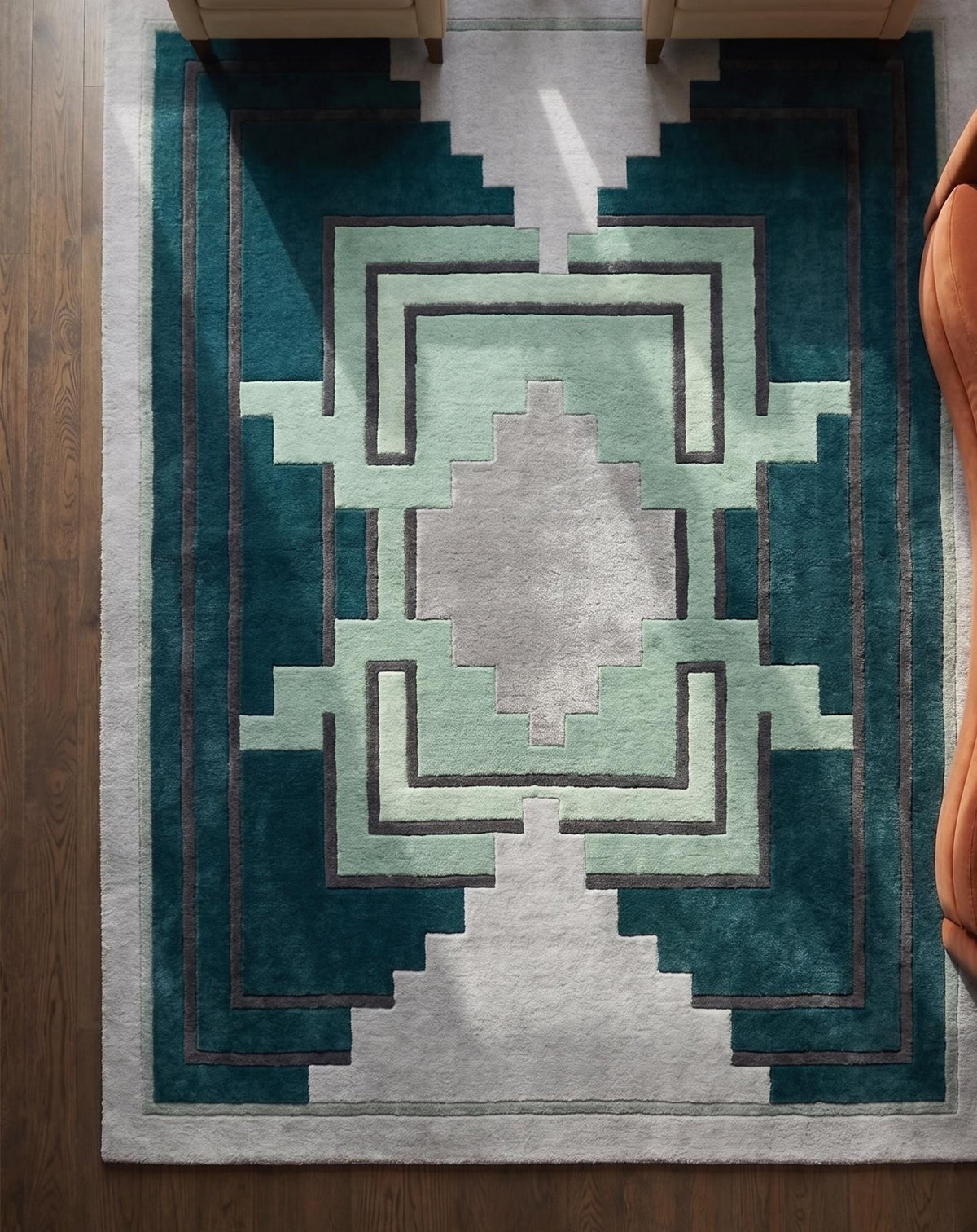 Teal Aztec Geometric Wool Runner – Hand Tufted Hallway Runner Rug – image 8