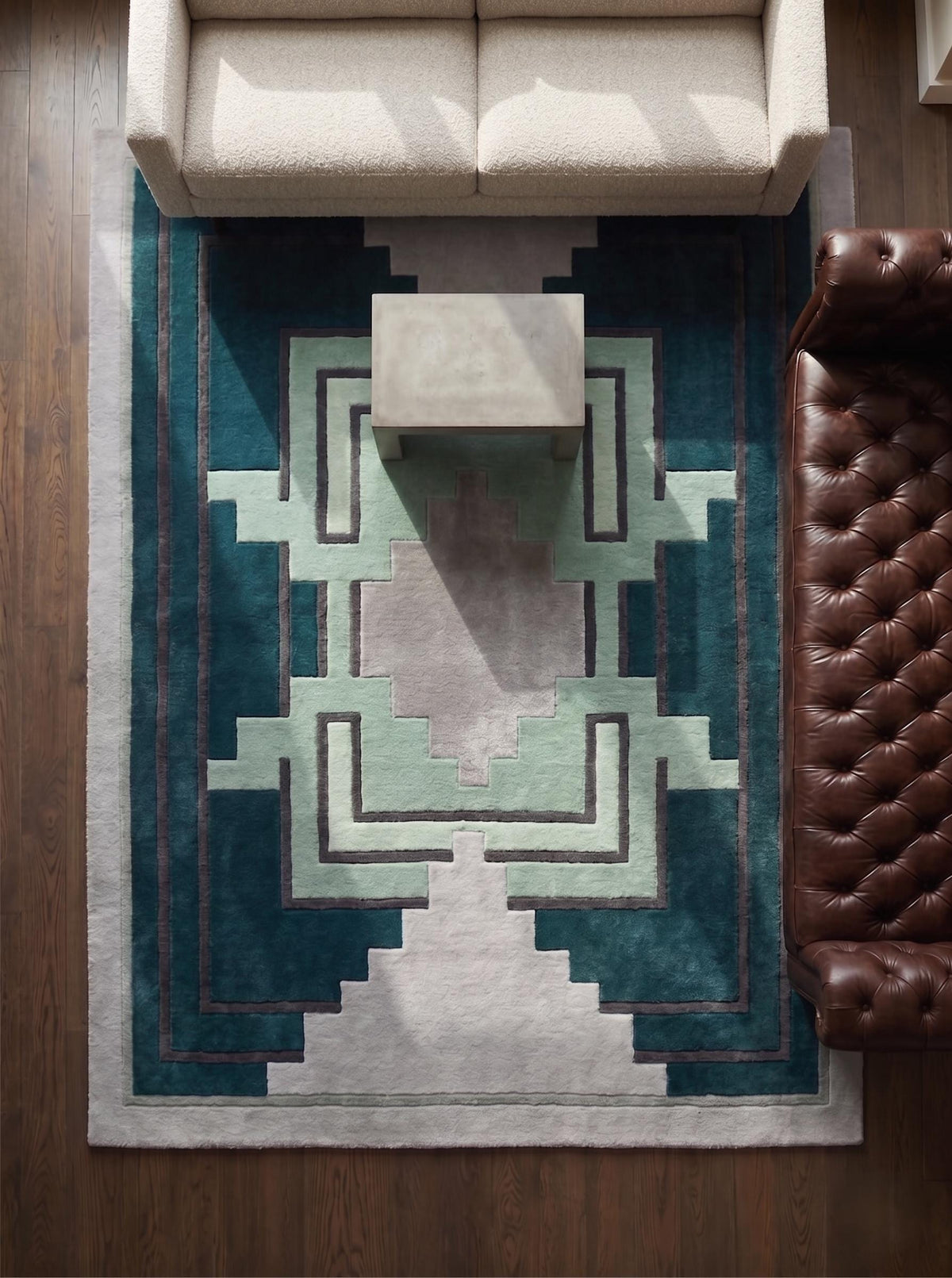 Teal Aztec Geometric Wool Runner – Hand Tufted Hallway Runner Rug – image 1