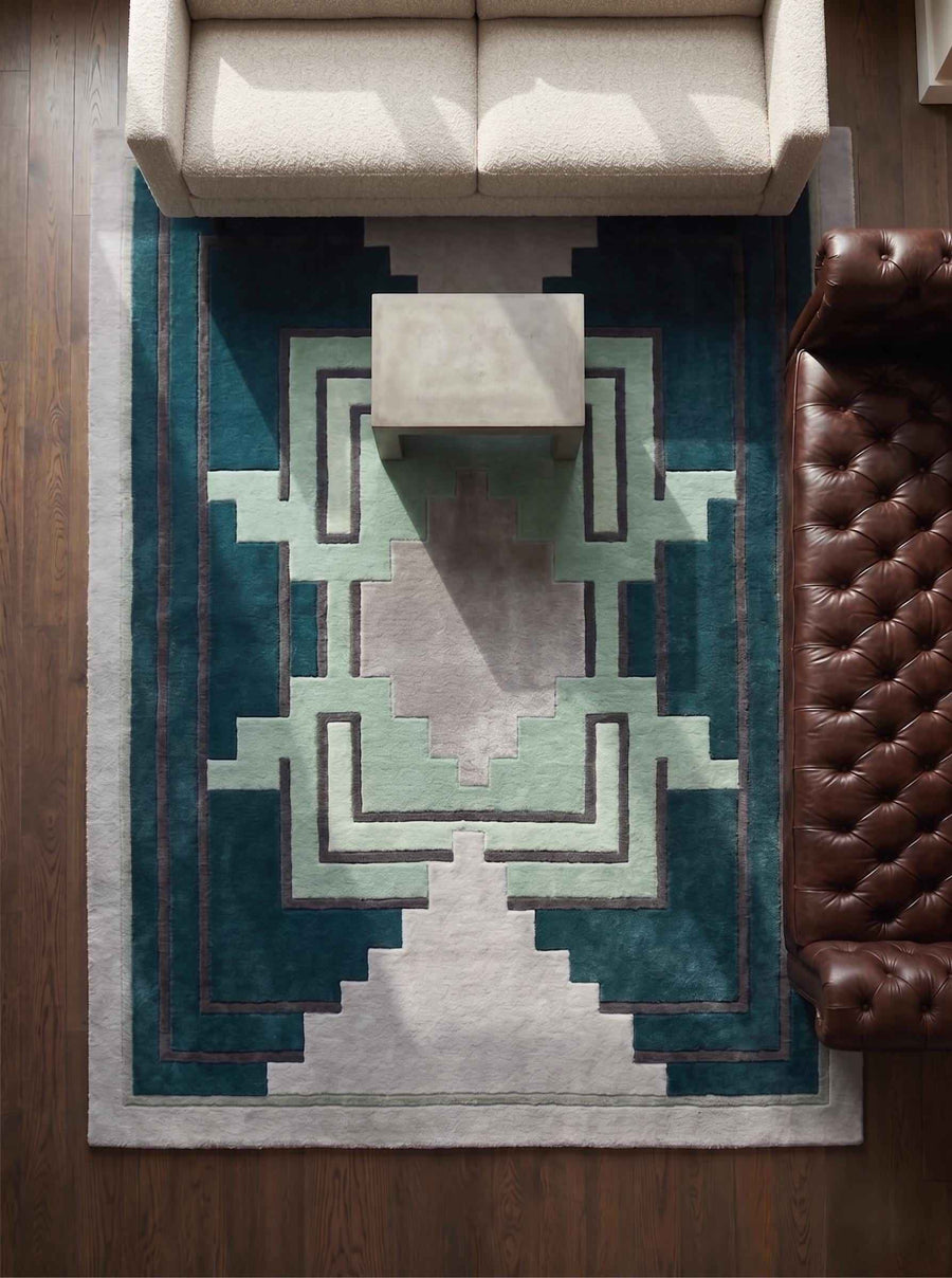 Teal Aztec Geometric Wool Runner – Hand Tufted Hallway Runner Rug
